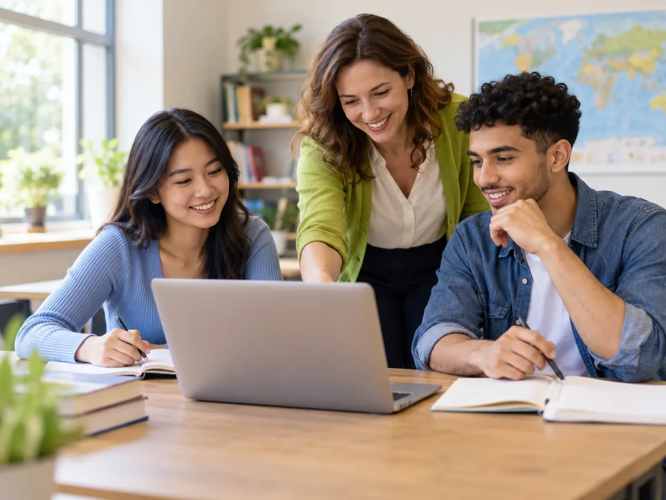 Illustrative classroom scene: a language teacher and two learners exploring a lesson together on a laptop.