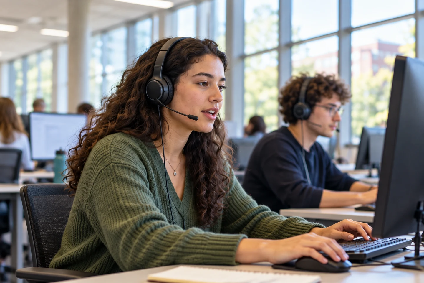 Adult students practising speaking and listening with headsets in a university language lab.