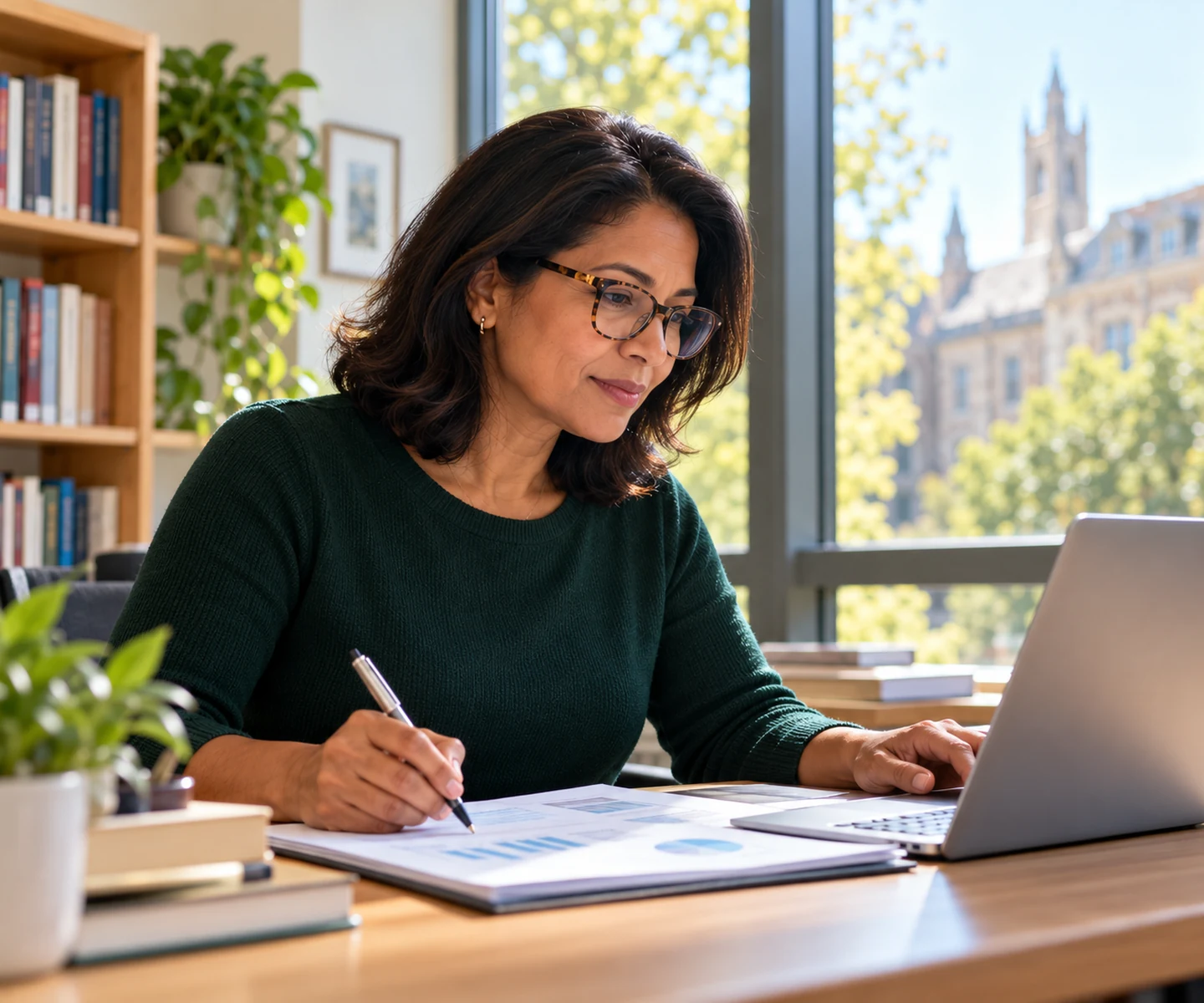 University language-program leader reviewing reports and making notes beside a laptop.