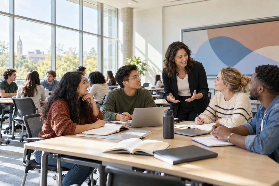 An instructor facilitating a seminar with diverse adult learners in a contemporary university classroom.
