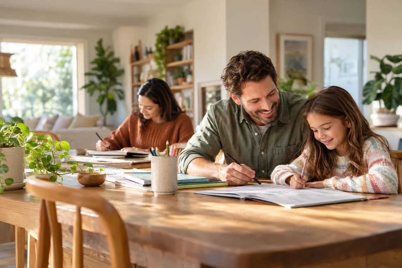 AI-generated scene of language learning at home with a parent and child.