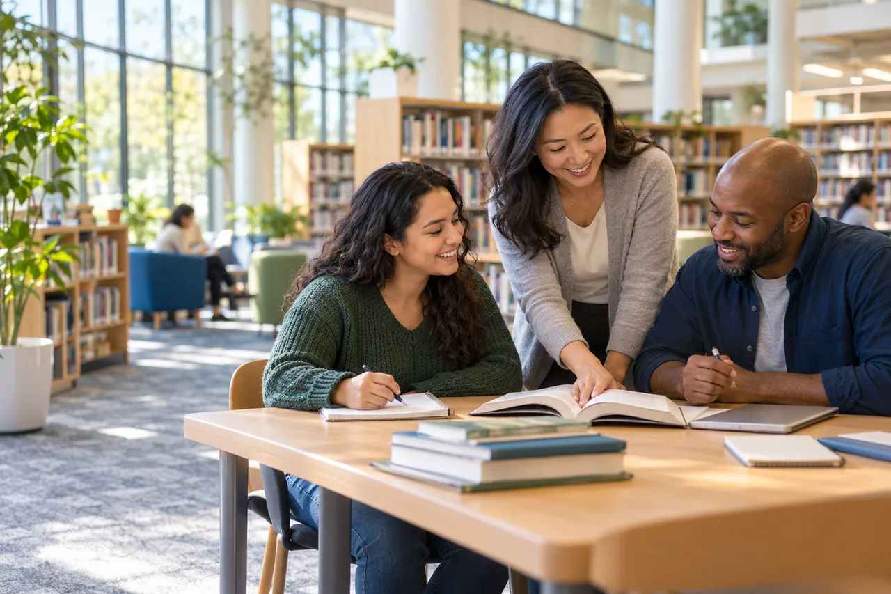 AI-generated public library scene with a librarian and adult learners.