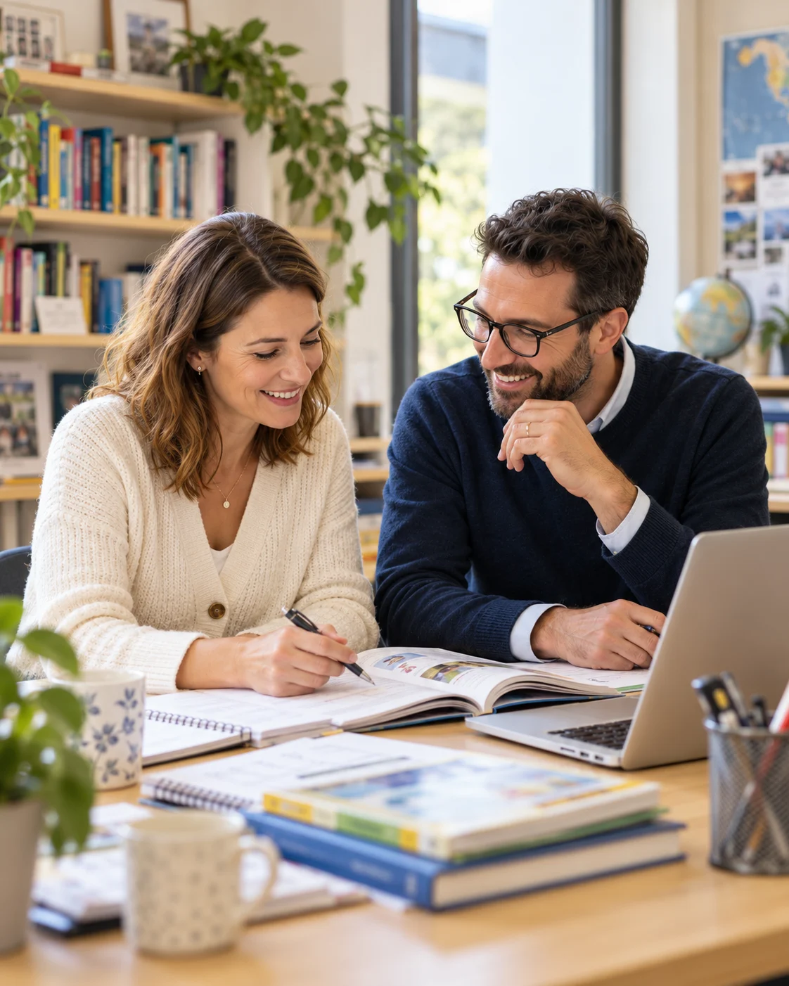 Two adult language teachers planning together with an open teaching book, notebook and laptop in a bright school staffroom.
