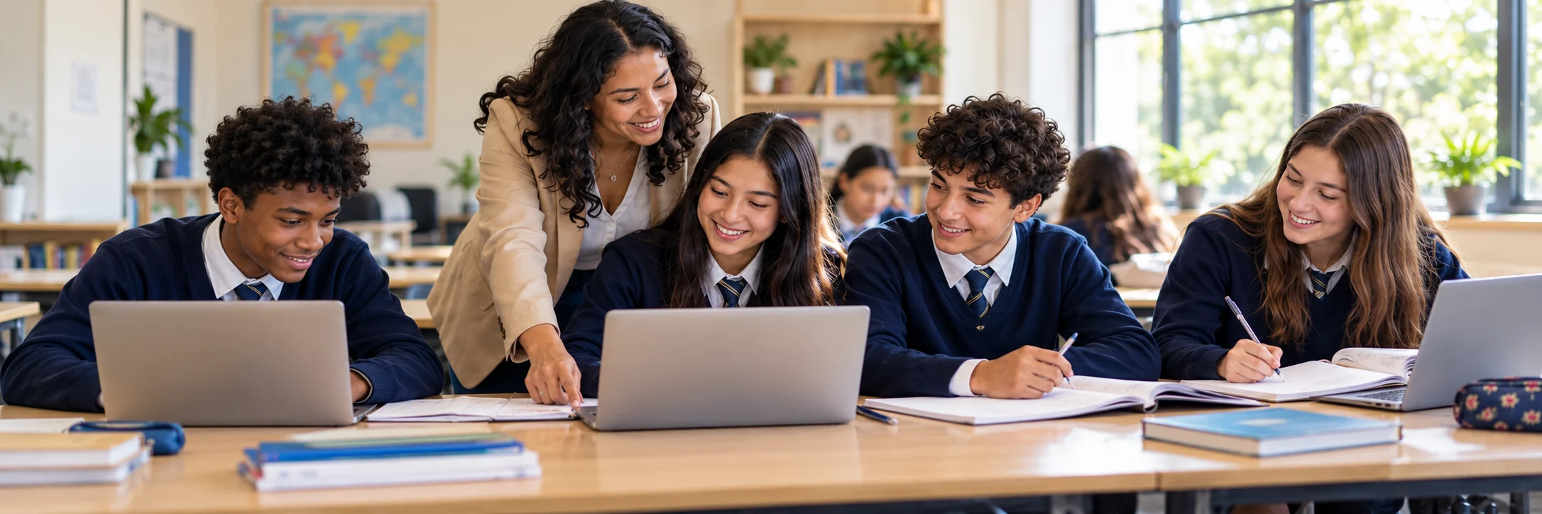A teacher guides four teenage students working together with laptops and notebooks in a bright classroom.