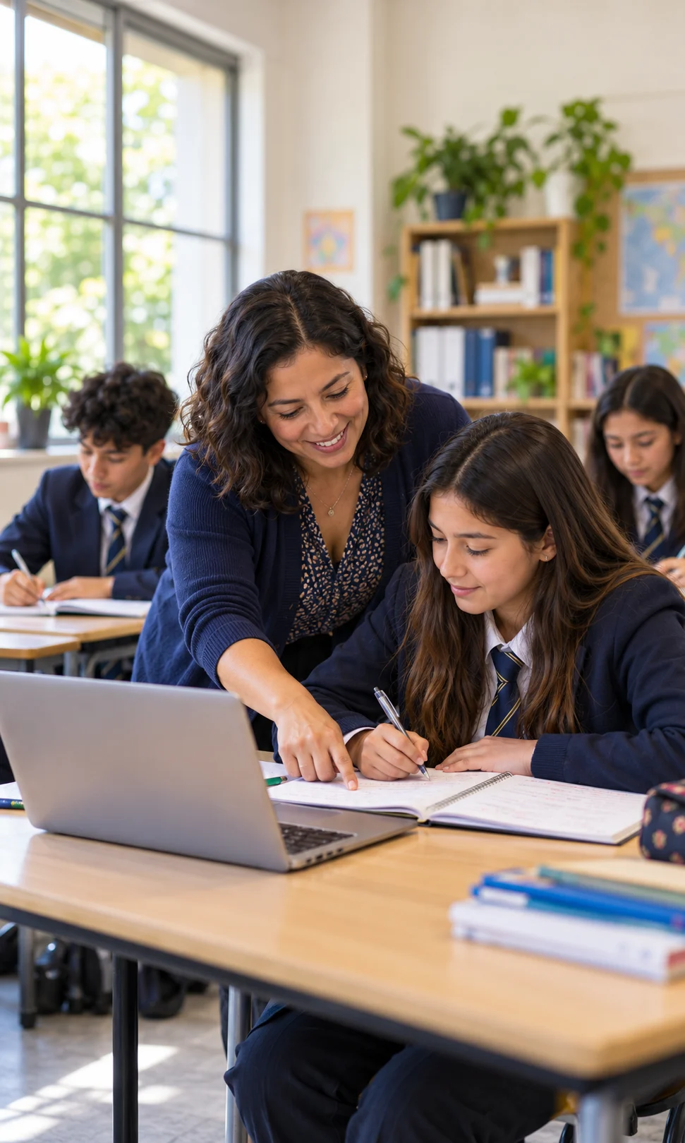 A teacher supports a teenage student with a notebook and laptop while classmates work independently at nearby desks.