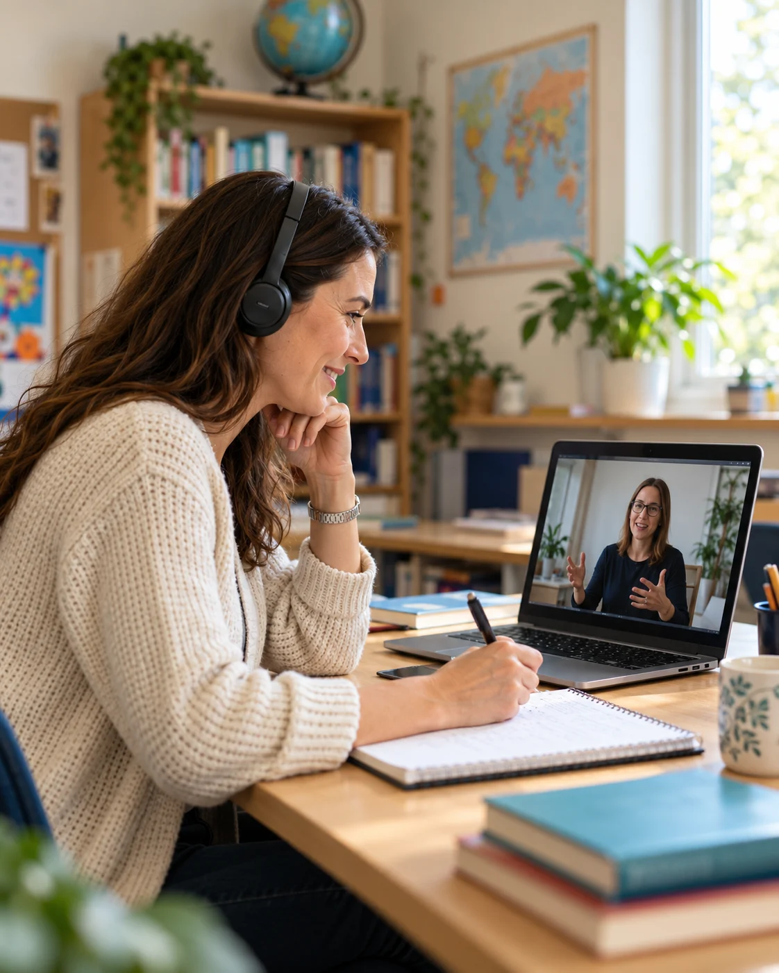A teacher wearing headphones takes notes beside a laptop showing a virtual-training presenter in a bright school staffroom.