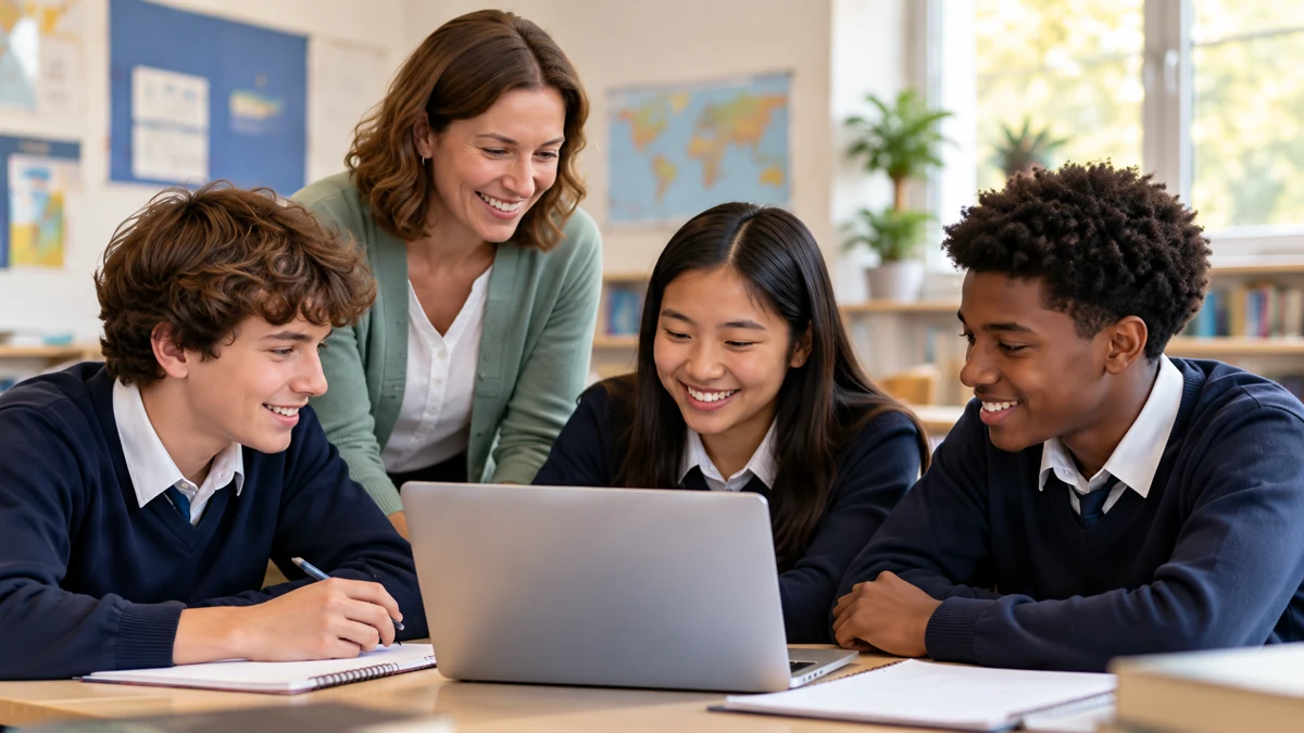 Illustrative photograph of a teacher and three teenage students in navy uniforms discussing learning around an open laptop.