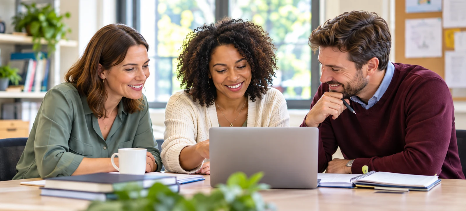 Illustrative photograph of three educators collaborating around an open laptop, with notebooks and a mug on the table.