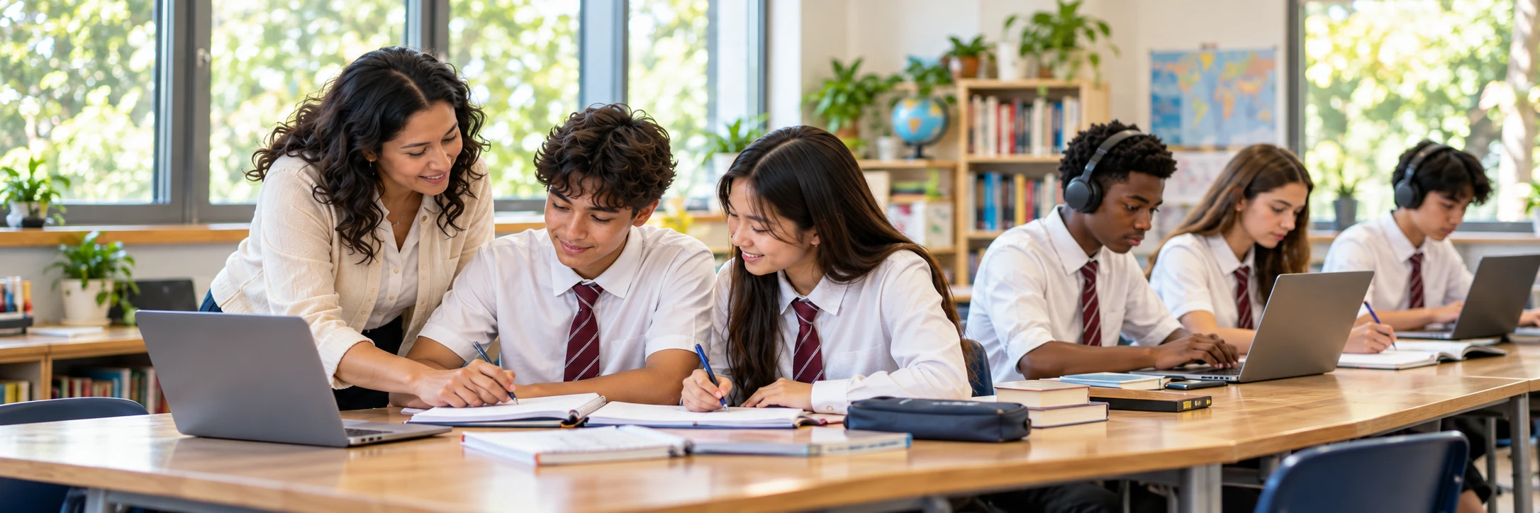 A teacher supports two students working at a table while nearby classmates practise independently with laptops, headphones and notebooks.