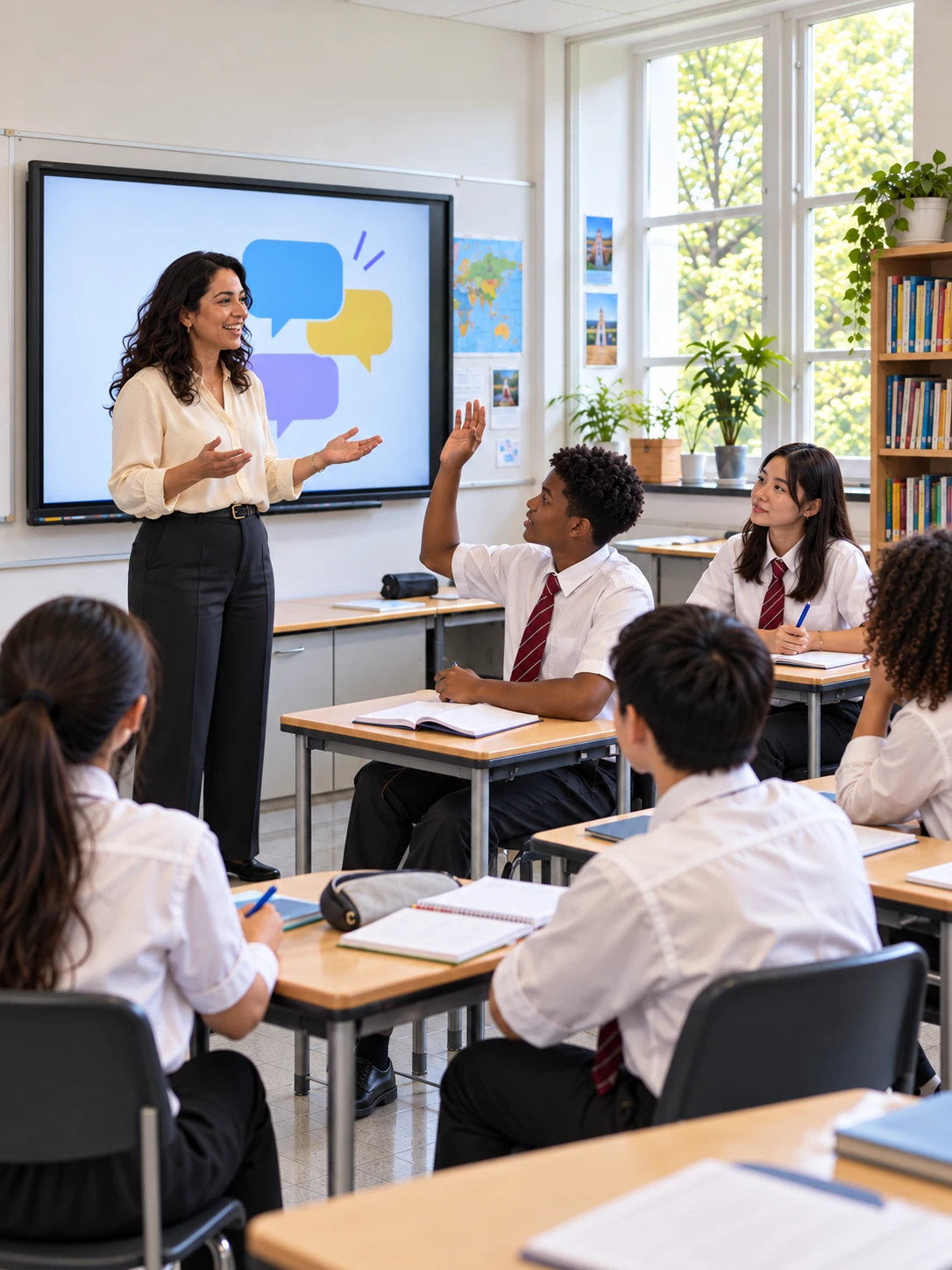 A teacher facilitates a whole-class language discussion beside a display as one student raises a hand and classmates listen at separate desks.