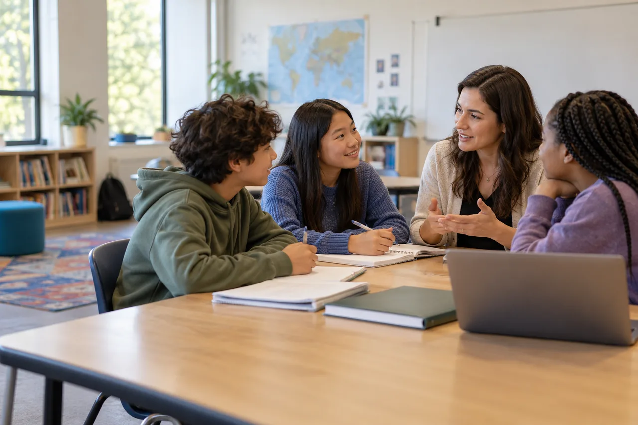 AI-generated classroom scene with a teacher and a small group of K–12 language learners.