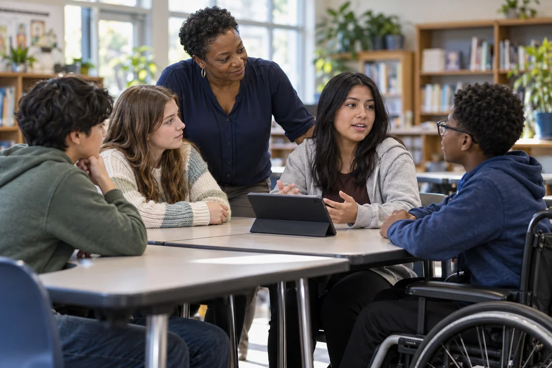 Illustrative public-school classroom photograph of a teacher facilitating a language-learning conversation with four students, including a student using a wheelchair.