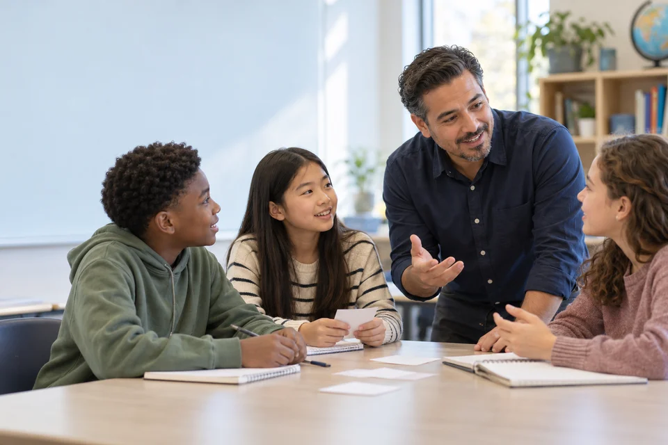 Illustrative classroom photograph of a male teacher facilitating a small-group language activity with students.