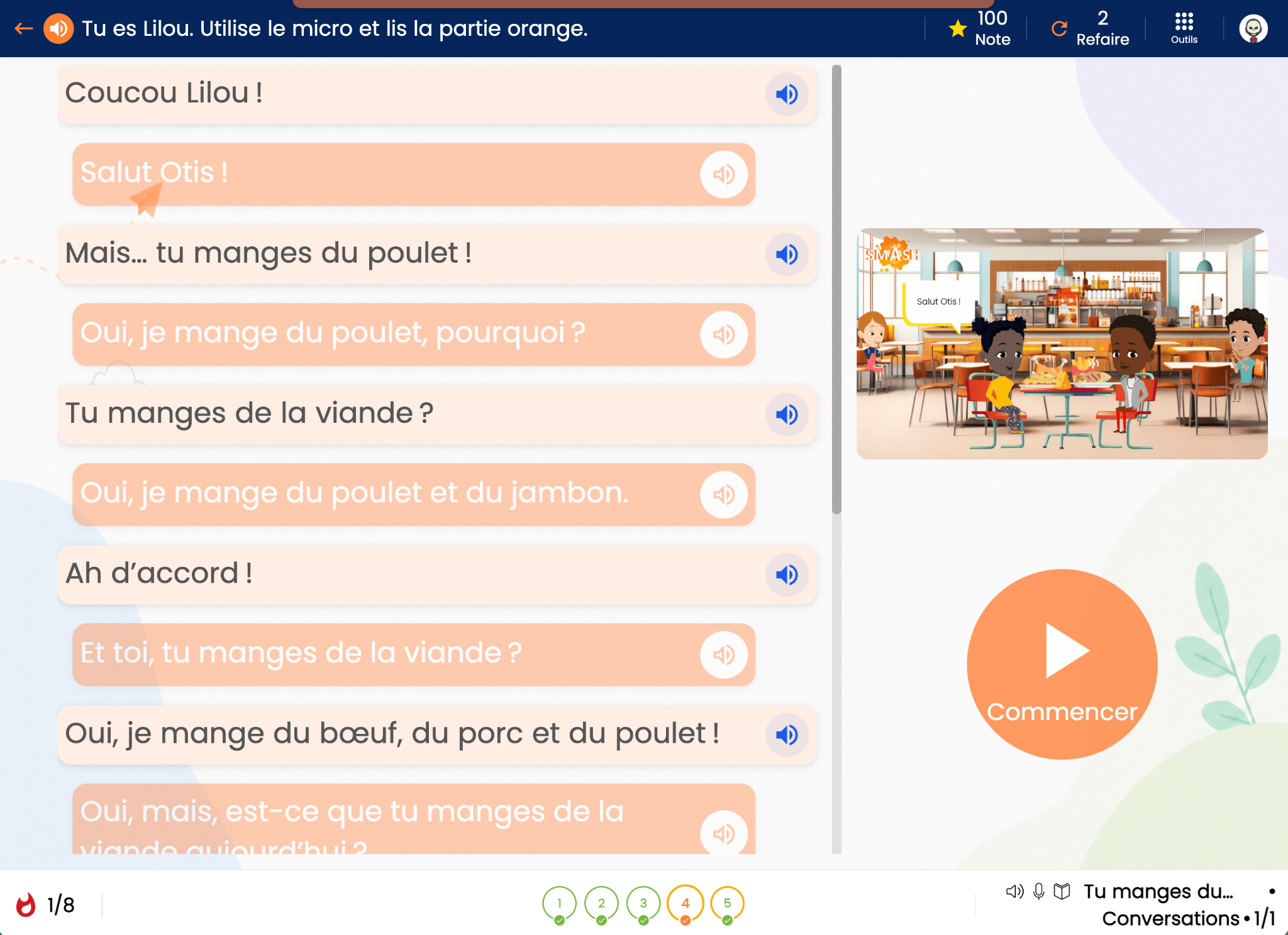 French guided dialogue with a highlighted speaking role.