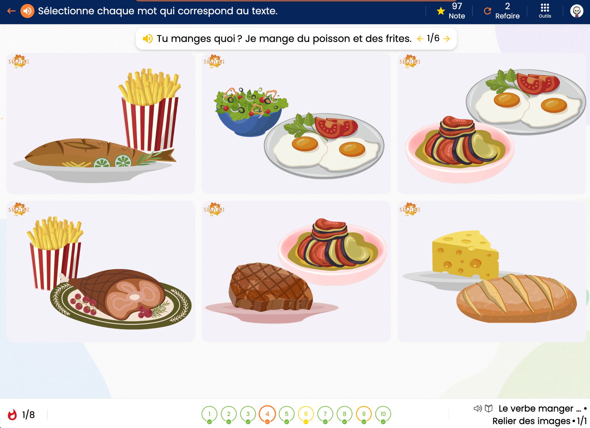 Elementary French listening activity matching audio with meal illustrations.