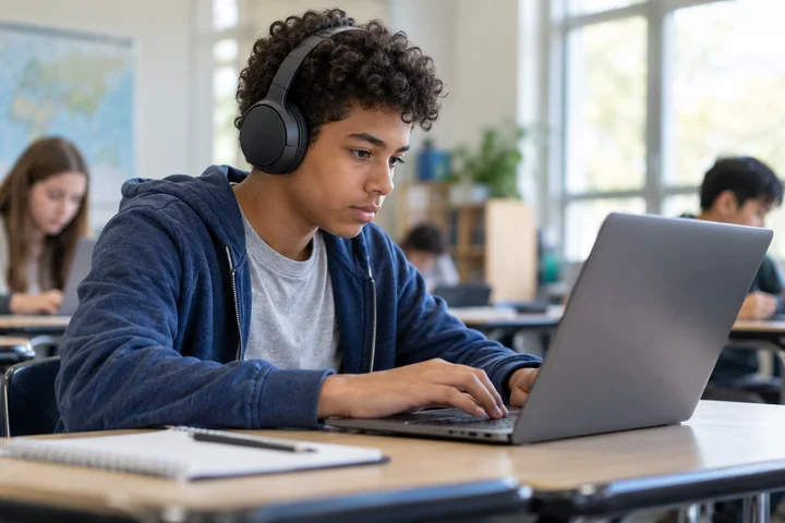 Illustrative photograph of a student practising independently on an unbranded laptop with headphones.