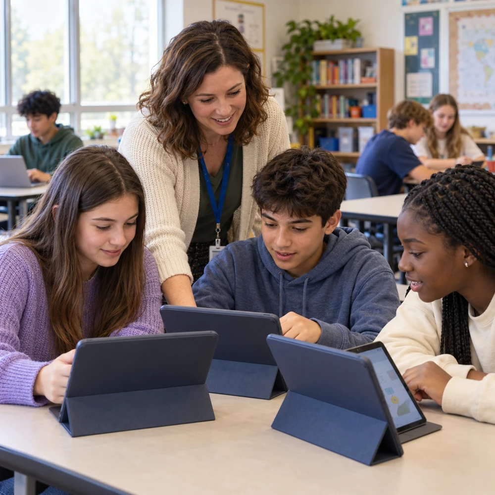 AI-generated public-school classroom photograph illustrating a teacher guiding three students using unbranded tablets, with other learning groups in the background.