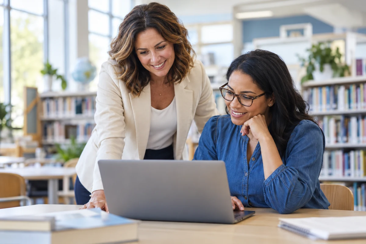 AI-generated illustration of a school principal and teacher collaborating over a laptop in a bright school setting.
